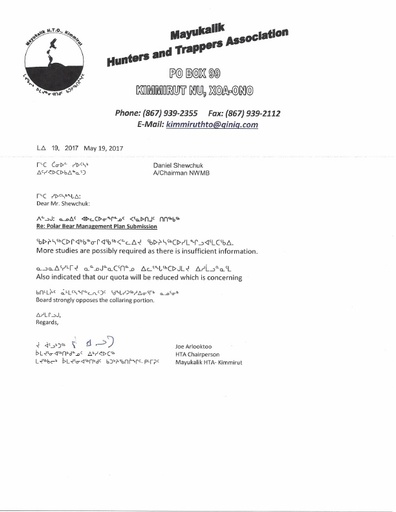 Mayukalik (Kimmirut) HTO Written submission to Nov 2018 NWMB Public Hearing_Revised Polar Bear Co-Management Plan_ENG & INUK