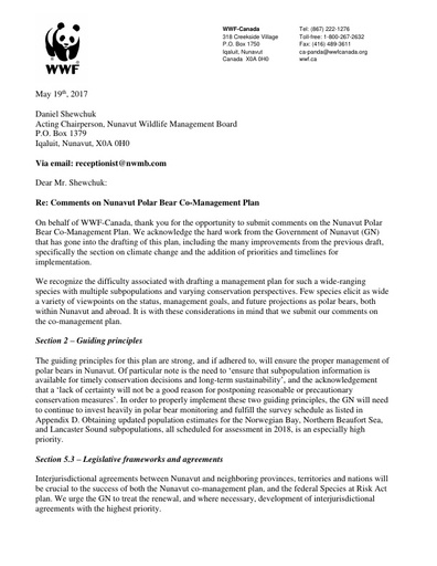 WWF  Written submission to Nov 2018 NWMB Public Hearing_Revised Polar Bear Co-Management Plan_ENG