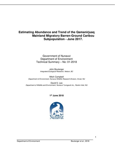 TAB 2C GN DOE Science Report Summary Qamanirjuaq Caribou Herd Population Status and Harvest ENG
