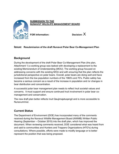 GN DOE Proposal for Decision on revised Polar Bear Co Management Plan Feb 2017 ENG