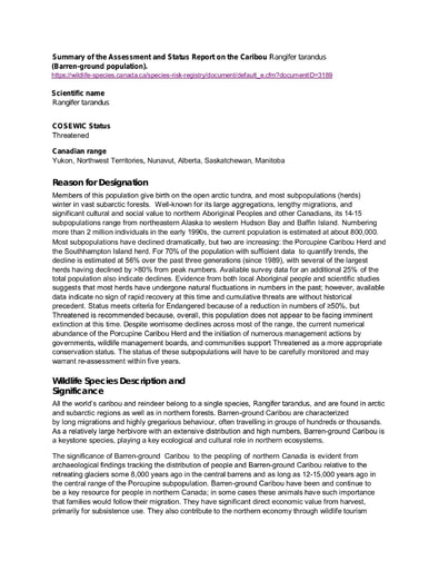 TAB 6D ECCC COSEWIC Assessment Summary Barren Ground Caribou Listing ENG