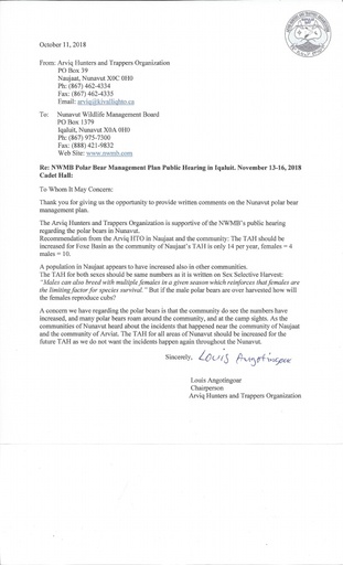 Arviq (Naujaat) HTO Written Submission to Nov 2018 NWMB Public Hearing_Revised Polar Bear Co-Management Plan_ENG & INUK
