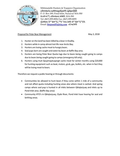 Submissions from Mittimatalik (Pond Inlet) HTO on Polar Bear Management Plan_INUK