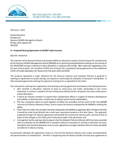 TAB 8 Nunavut Fisheries Association Proposed Sharing Agreement on 0A 0B Turbot Increase