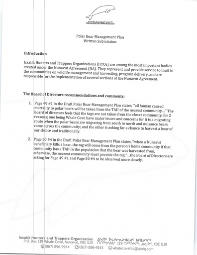 Issatik HTO Written Submission to Nov 2018 NWMB Public Hearing_Revised Polar Bear Co-Management Plan_ENG ONLY