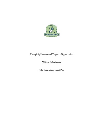 Kangiqlinq (Rankin Inlet) HTO Written submission to Nov 2018 NWMB Public Hearing_Revised Polar Bear Co-Management Plan_ENG