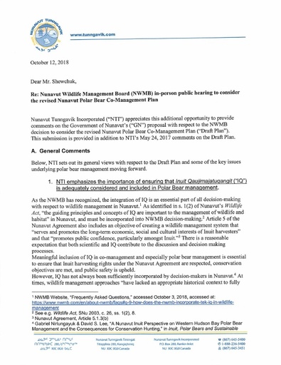 NTI Written submission to Nov 2018 NWMB Public Hearing_Revised Polar Bear Co-Management Plan_ENG