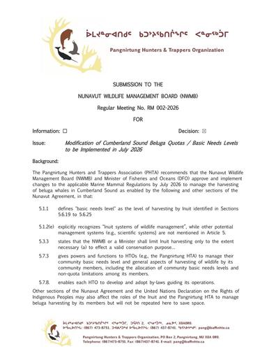 TAB3A Pangnirtung HTO_BN_Modification of Cumberland Sound Beluga Harvesting Quotas_ENG