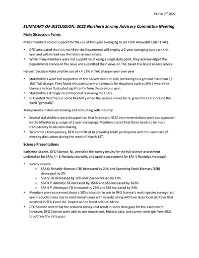 2022 Joint Hearing Shrimp TAC DFO Summary of NSAC Discussion ENG