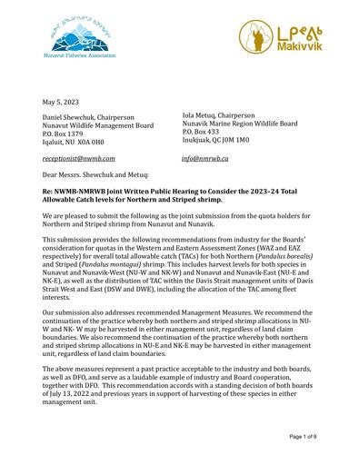 NWMB NMRWB Written Public Hearing TAC Levels for Shrimp for the 2023 2024 Fishing Season_NU and NK Industry Submission_ENG