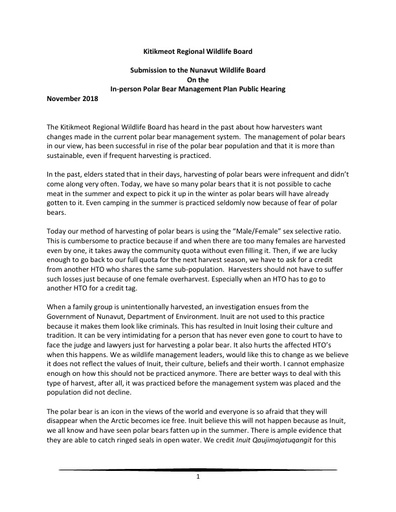 KRWB Written Submission to Nov 2018 NWMB Public Hearing_Revised Polar Bear Co-Management Plan_ENG