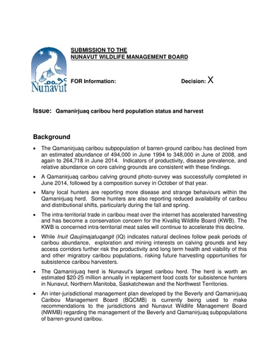 TAB 2A GN DOE Briefing Note Qamanirjuaq Caribou Herd Population Status and Harvest ENG