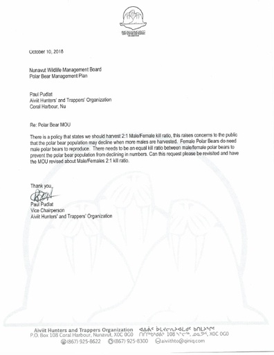 Aiviit (Coral Harbour) HTO Written Submission to Nov 2018 NWMB Public Hearing_Revised Polar Bear Co-Management Plan_ENG