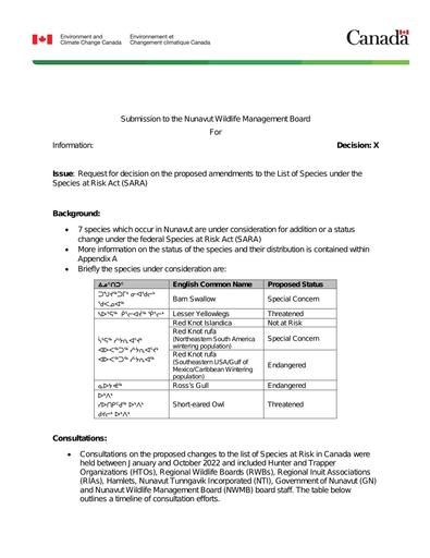 TAB2A ECCC BN Proposed amendments to the List of Species under SARA ENG